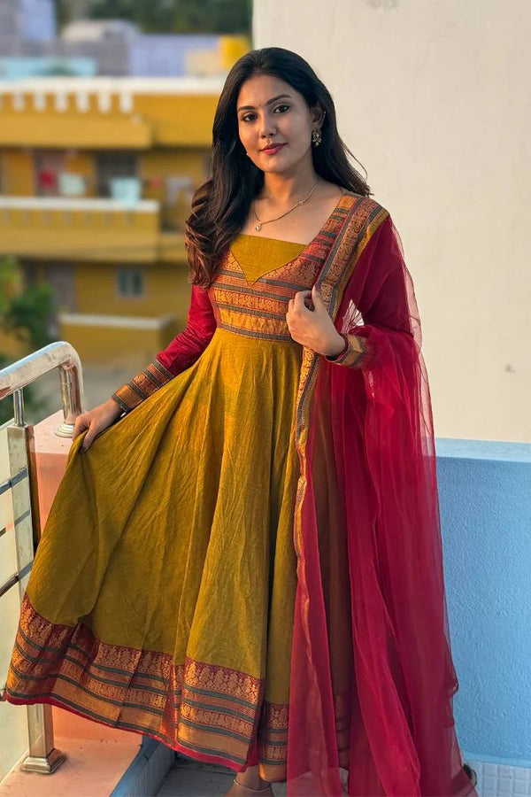 Vichitra Silk Anarkali Suit Set with Jacquard Zari Border & Soft Net Dupatta