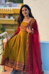 Vichitra Silk Anarkali Suit Set with Jacquard Zari Border & Soft Net Dupatta