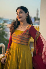 Vichitra Silk Anarkali Suit Set with Jacquard Zari Border & Soft Net Dupatta