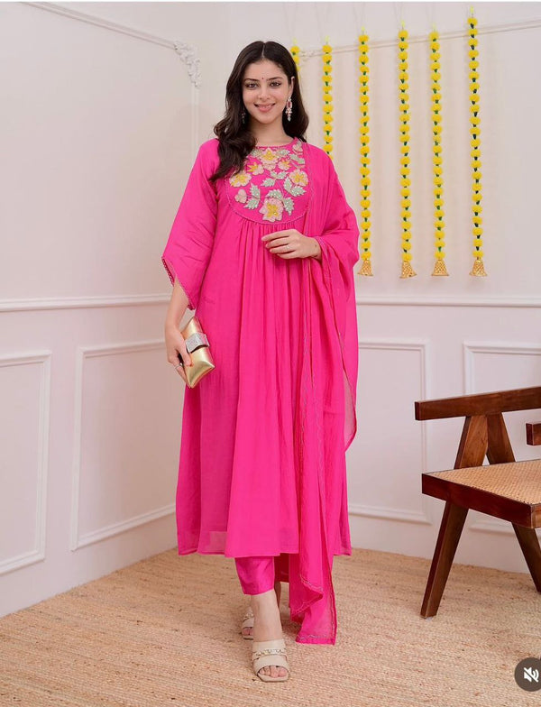 Premium Chanderi Silk Embroidered Suit Set with Organza Dupatta
