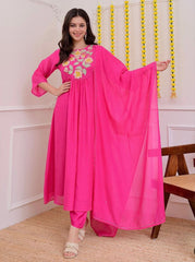 Premium Chanderi Silk Embroidered Suit Set with Organza Dupatta
