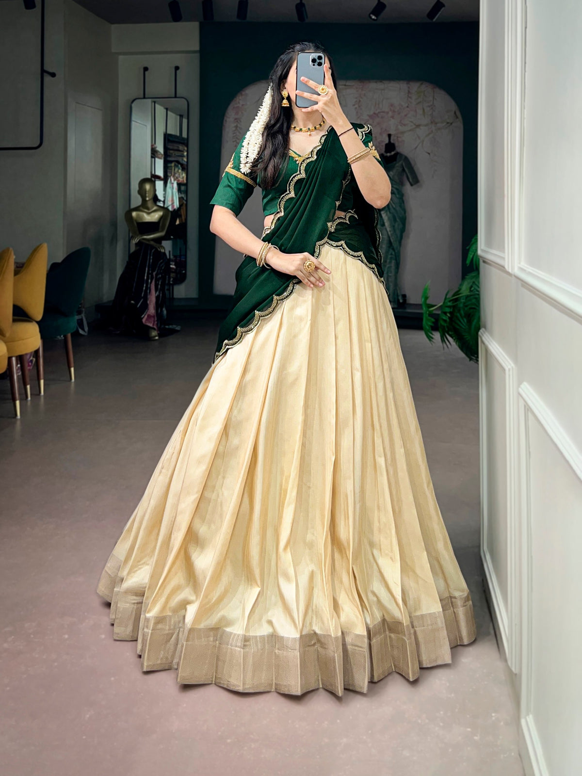 Premium Poly Kotha Tasar Lehenga Choli with Zari Border, Zardozi Work Blouse & Satin Chiffon Dupatta