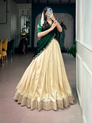 Premium Poly Kotha Tasar Lehenga Choli with Zari Border, Zardozi Work Blouse & Satin Chiffon Dupatta