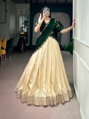 Premium Poly Kotha Tasar Lehenga Choli with Zari Border, Zardozi Work Blouse & Satin Chiffon Dupatta