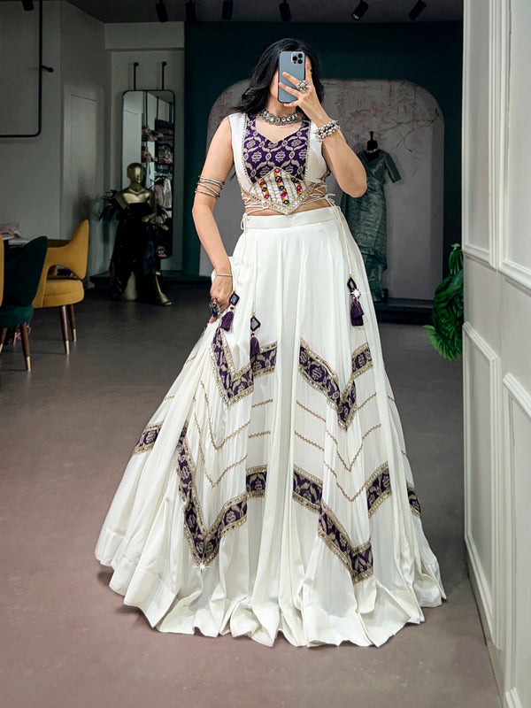 Rooprangi Women's Pure Rayon Gamthi Mirror Lace Lehenga Set with Heritage Print Blouse | White & Purple