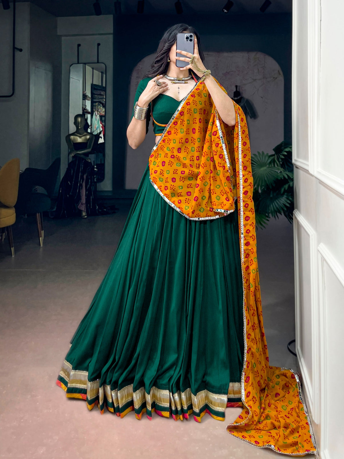 Rooprangi Women's Soft Chinon Designer Lehenga Set with Georgette Bandhani Dupatta | Emerald Green & Mustard Yellow