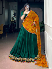 Rooprangi Women's Soft Chinon Designer Lehenga Set with Georgette Bandhani Dupatta | Emerald Green & Mustard Yellow