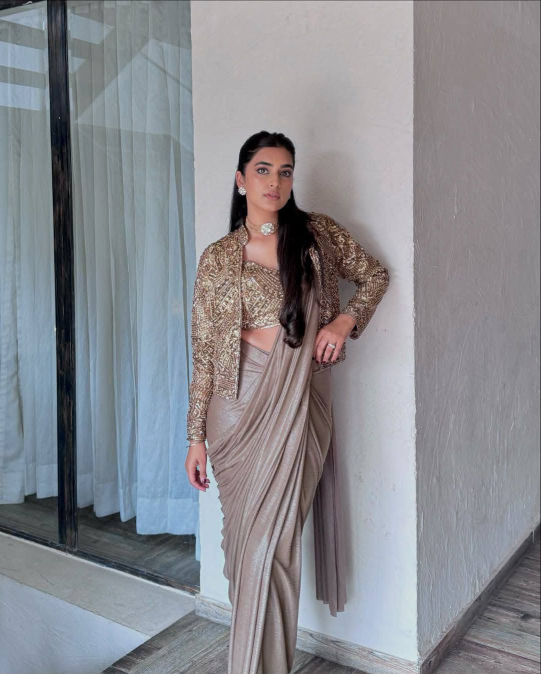 Rooprangi Women's Premium Chinon Silk Ready-to-Wear Lehenga Saree Set with Embroidered Jacket | Taupe Grey