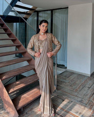 Rooprangi Women's Premium Chinon Silk Ready-to-Wear Lehenga Saree Set with Embroidered Jacket | Taupe Grey