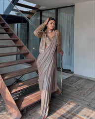 Rooprangi Women's Premium Chinon Silk Ready-to-Wear Lehenga Saree Set with Embroidered Jacket | Taupe Grey