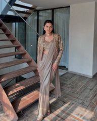 Rooprangi Women's Premium Chinon Silk Ready-to-Wear Lehenga Saree Set with Embroidered Jacket | Taupe Grey
