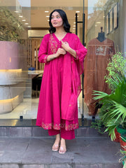 Rooprangi Women's Premium Chanderi Silk Embroidered Kurta Pant Set with Chanderi Dupatta | Rani Pink