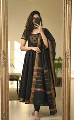 Rooprangi Women's Premium Pattu Cotton Anarkali Kurta Set with Jacquard Zari Border & Dupatta | Black & Wine