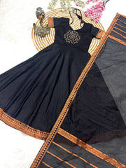 Rooprangi Women's Premium Pattu Cotton Anarkali Kurta Set with Jacquard Zari Border & Dupatta | Black & Wine