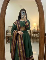 Rooprangi Women's Premium Pattu Cotton Anarkali Kurta Set with Handwork & Jacquard Zari Border Dupatta | Emerald Green