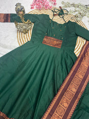 Rooprangi Women's Premium Pattu Cotton Anarkali Kurta Set with Handwork & Jacquard Zari Border Dupatta | Emerald Green