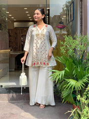 Rooprangi Women's Premium Silk Embroidered Festive Co-Ord Set with Palazzo | Ivory White