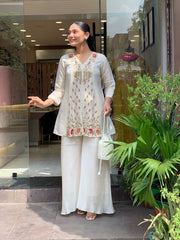 Rooprangi Women's Premium Silk Embroidered Festive Co-Ord Set with Palazzo | Ivory White