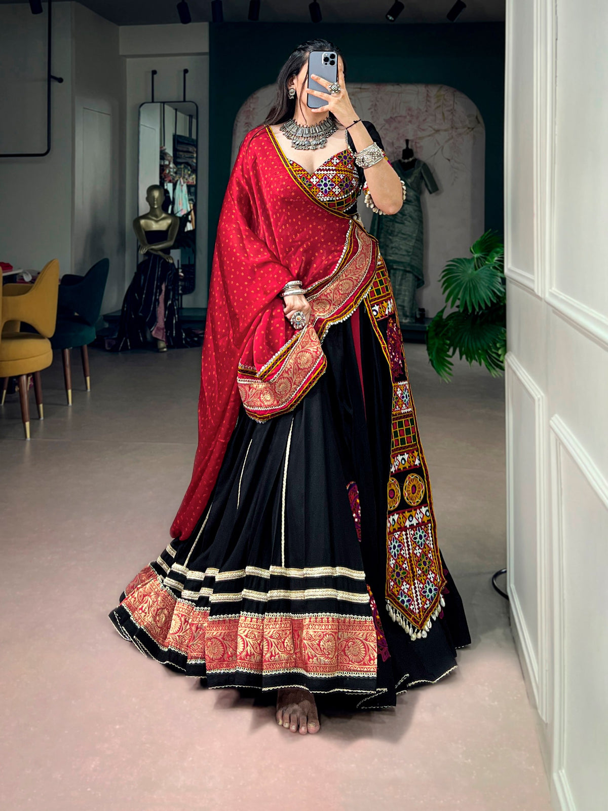 Rooprangi Black Gujarati Kutchi Embroidery Lehenga Choli with Bandhej Satin Chiffon Dupatta | Navratri Special