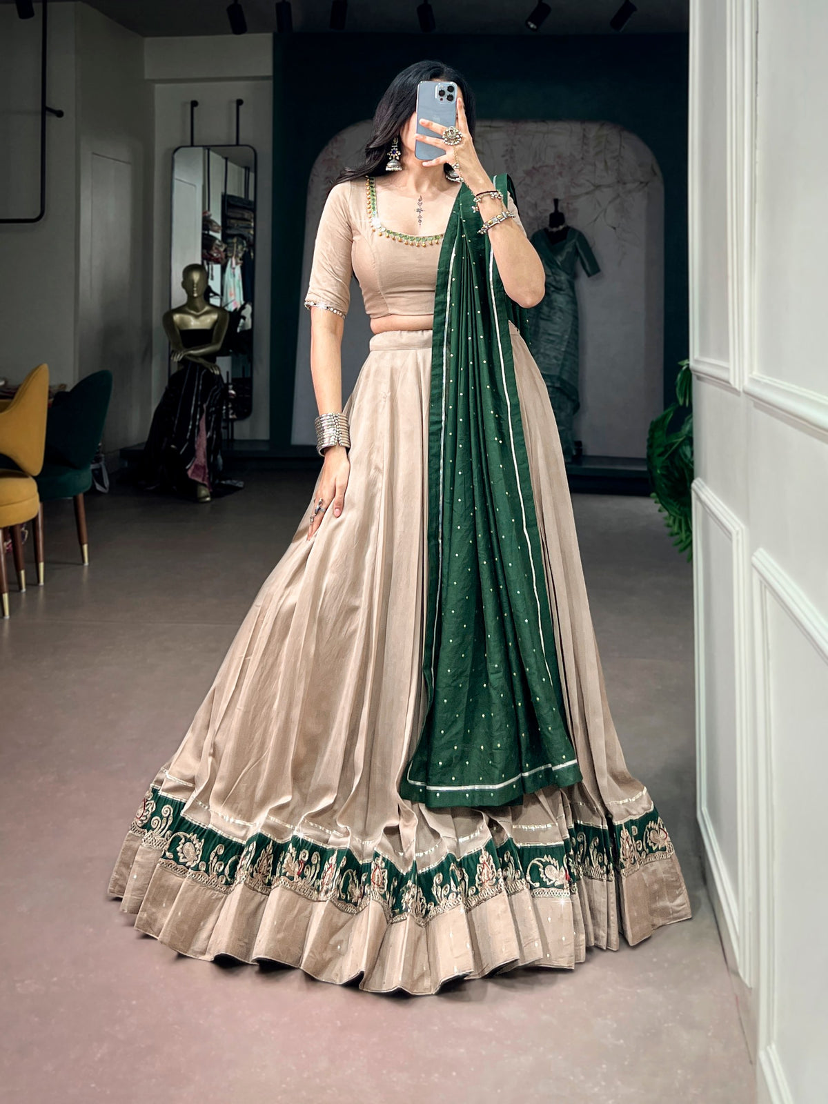 Rooprangi Women’s Chanderi Silk Navratri Lehenga Choli with Ghughri & Mirror Work Blouse | Embroidered Border & Dupatta