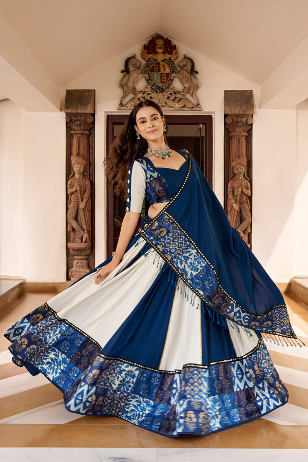 Rooprangi Women’s Blue & White Pure Rayon Printed Lehenga Choli with Mirror & Gotta Patti Work | Festive Wear