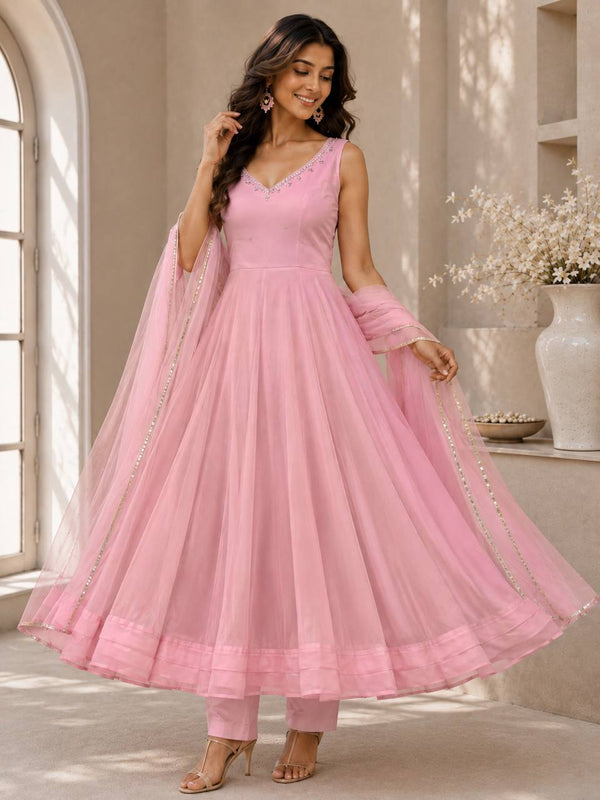 Rooprangi Women’s Designer Georgette Anarkali Suit Set with Hotfix Work, Buttersilk Pant & Mirror Lace Dupatta | 4 Colors