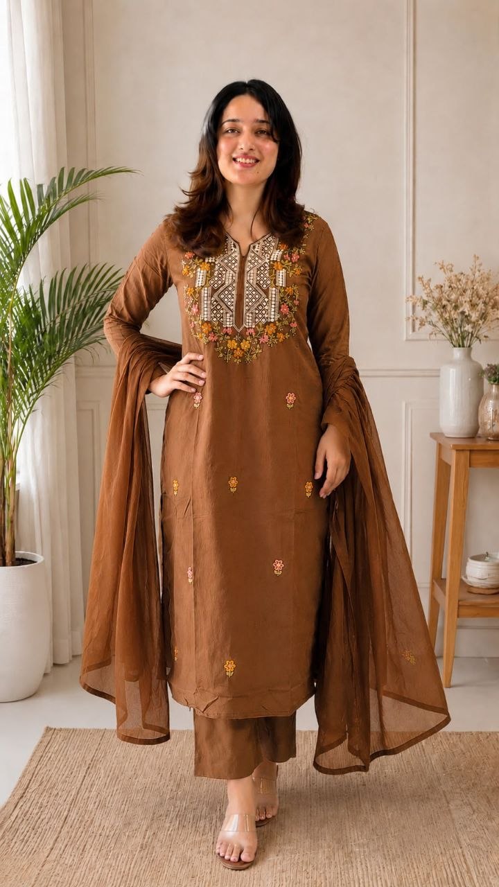 Roman Silk Embroidered Kurta Pant Set with Chanderi Silk Dupatta