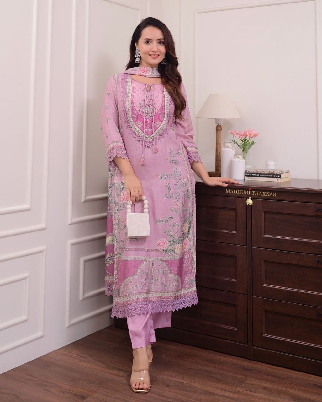 Lilac Pure Muslin Digital Printed & Hand Embroidered Suit Set with Cotton Lining