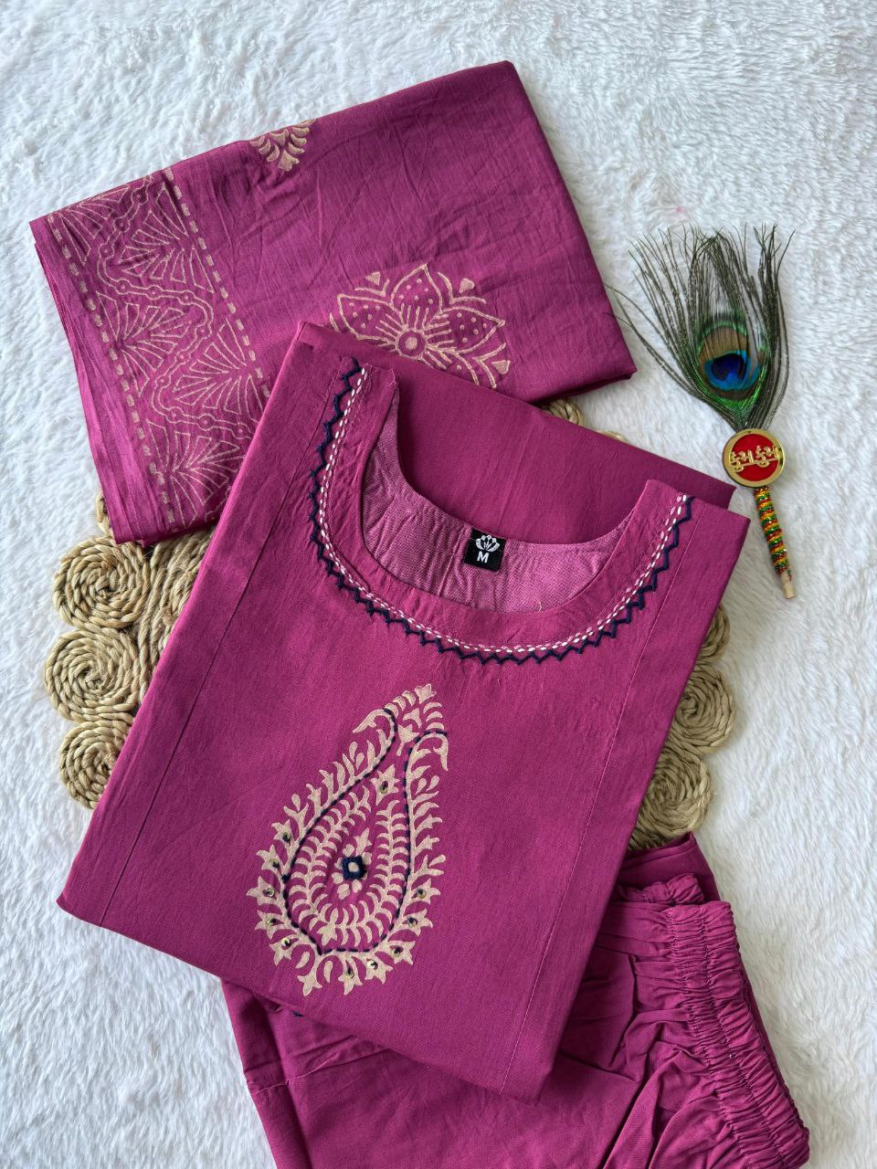 Rouge Pink Pure Cotton Suit Set with Real Mirror Hand Work & Block Print Dupatta