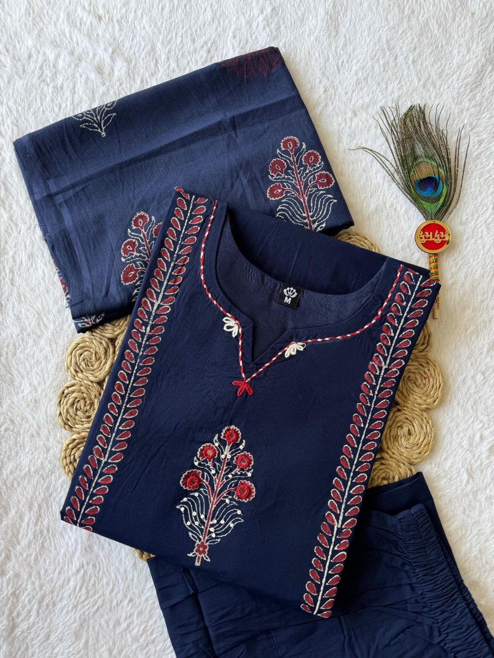 Navy Blue Pure Cotton Hand Block Printed Suit Set with Real Mirror Hand Work