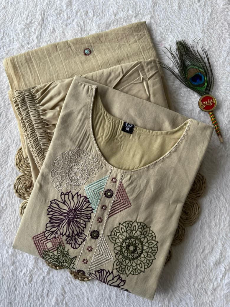 Cream Pure Cotton Suit Set with Thread Embroidery & Embroidered Mul Cotton Dupatta