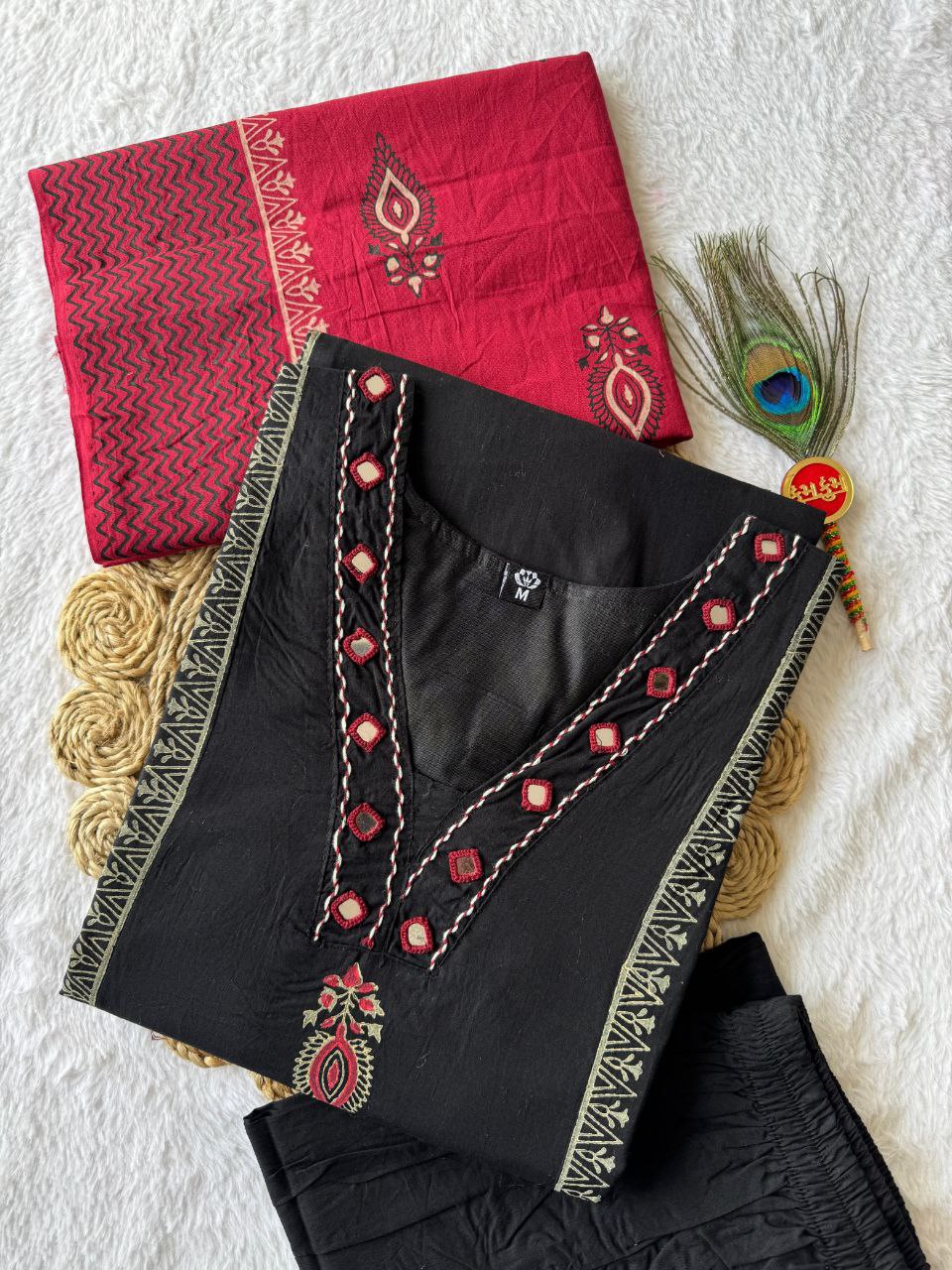 Black Pure Cotton Hand Block Printed Suit Set with Real Mirror Hand Work & Red Mul Dupatta