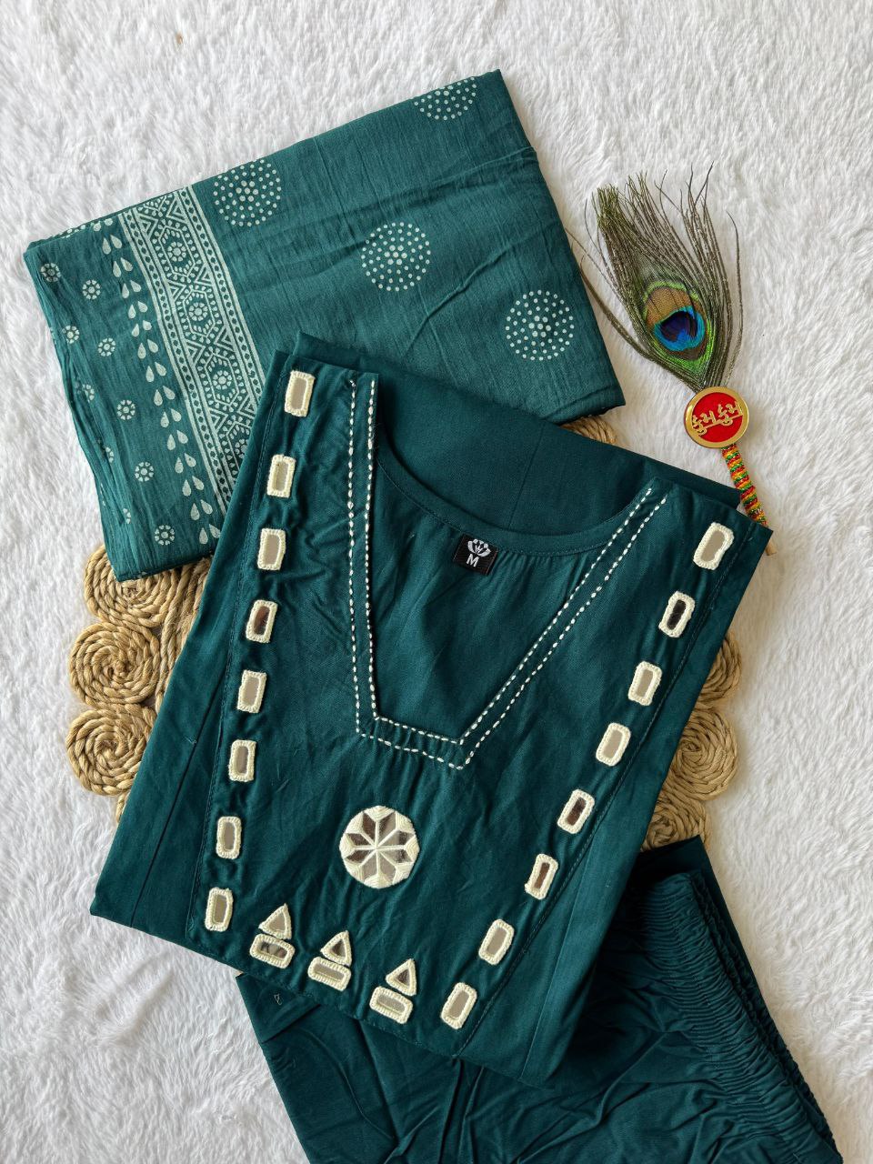 Morpich Teal Green Pure Cotton Suit Set with Real Mirror Hand Work & Bandhani Block Print Dupatta