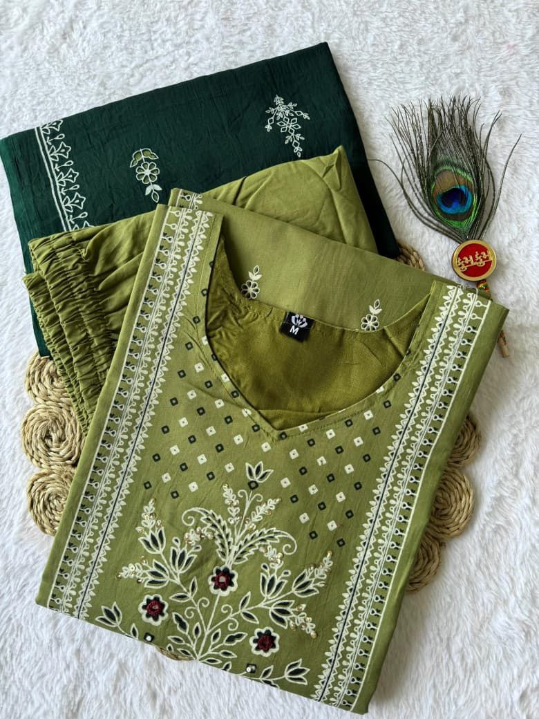 Pista Green Pure Cotton Hand Block Printed Suit Set with Real Mirror Hand Work