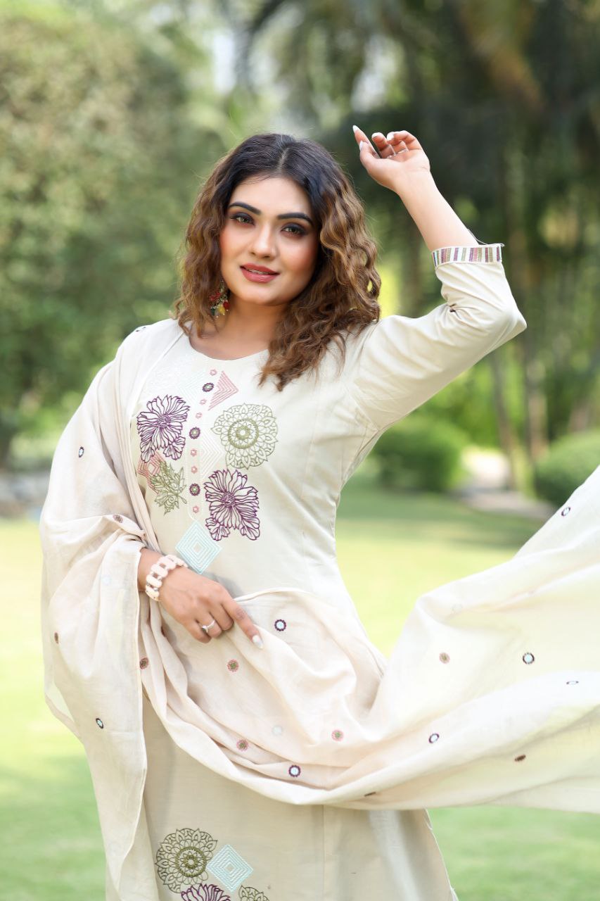 Cream Pure Cotton Suit Set with Multicolor Thread Embroidery & Embroidered Mul Dupatta