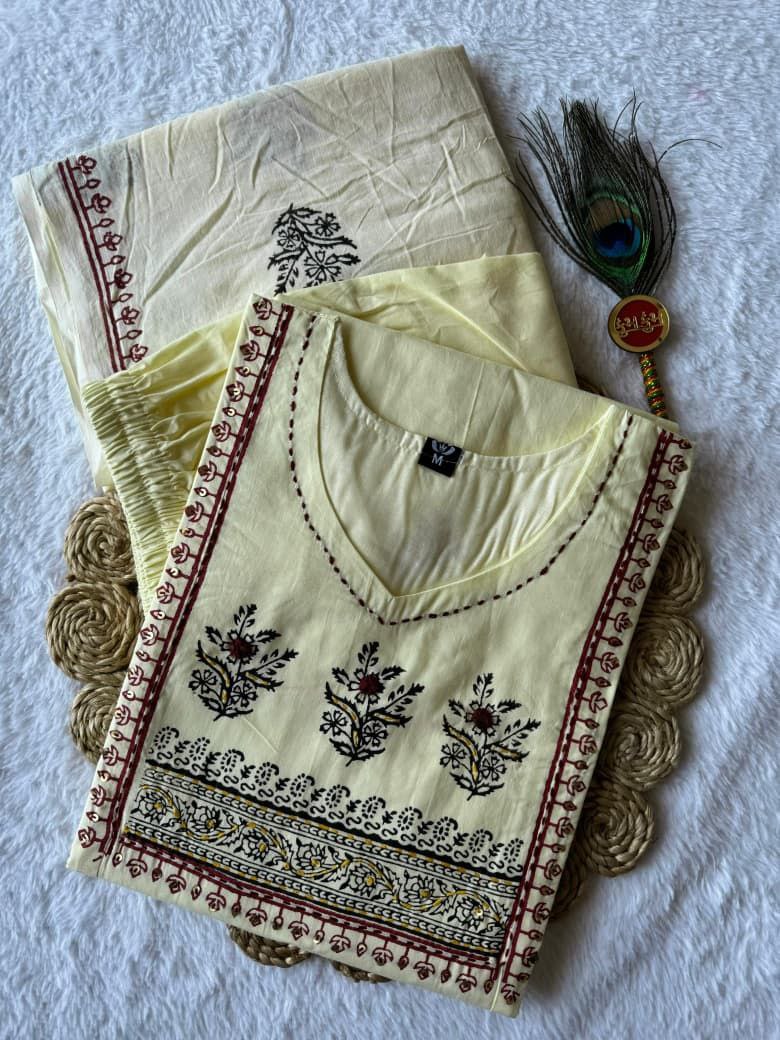 Light Yellow Pure Cotton Suit Set with Real Mirror Work & Hand Block Print Mul Dupatta