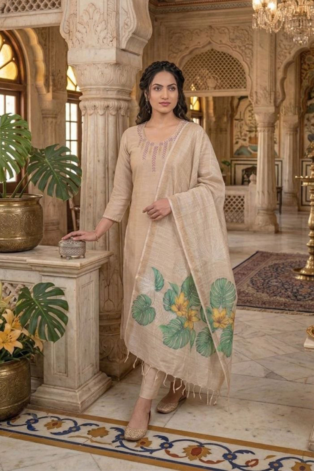 Designer Premium Mul Chanderi Kurti Pant Dupatta Set