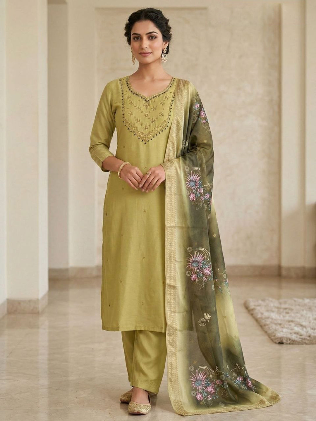 Designer Premium Mul Chanderi Kurti Pant Dupatta Set