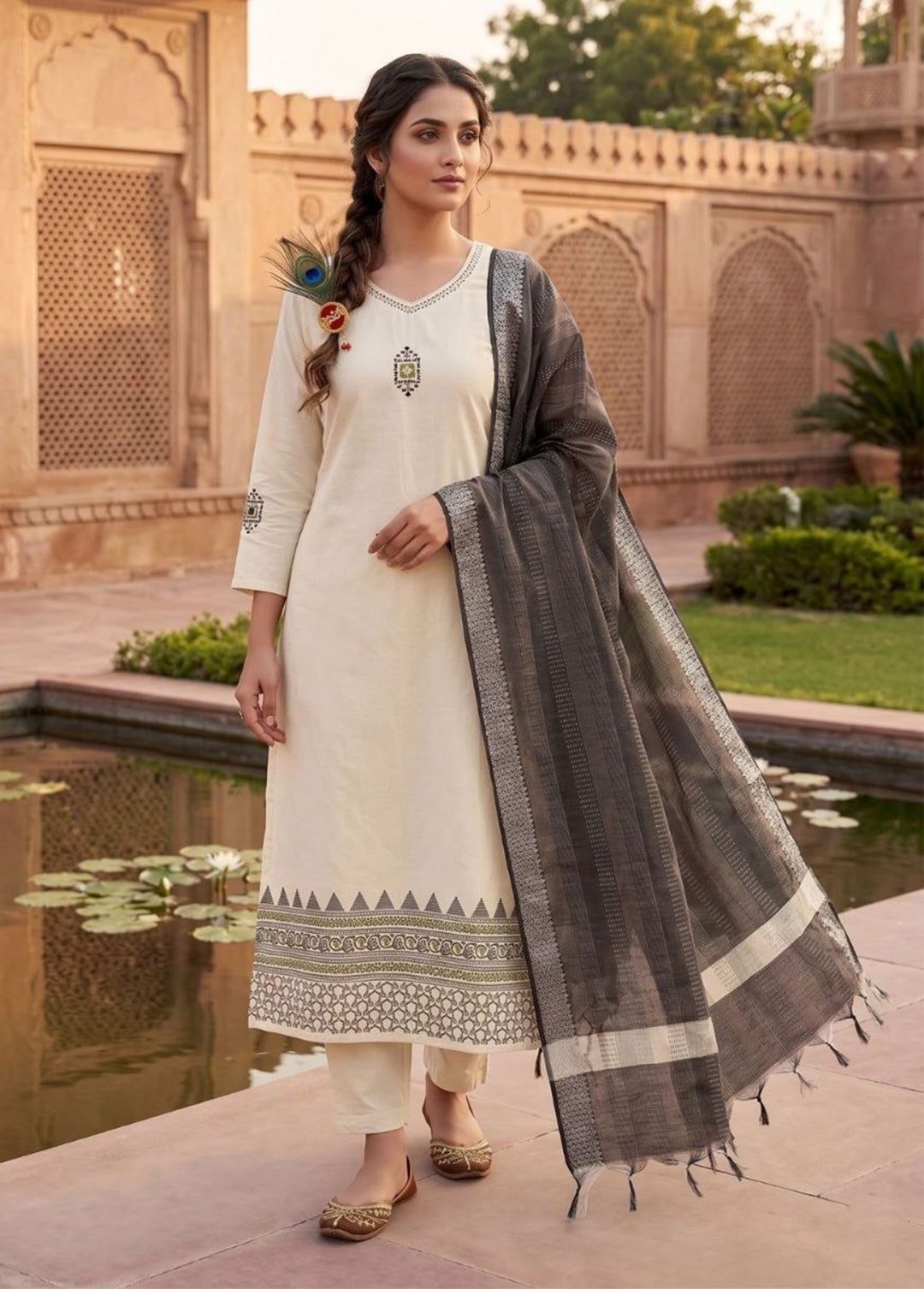 Premium Pure Khadi Cotton Kurti Pant Dupatta Set with Hand Block Print & Real Mirror Work