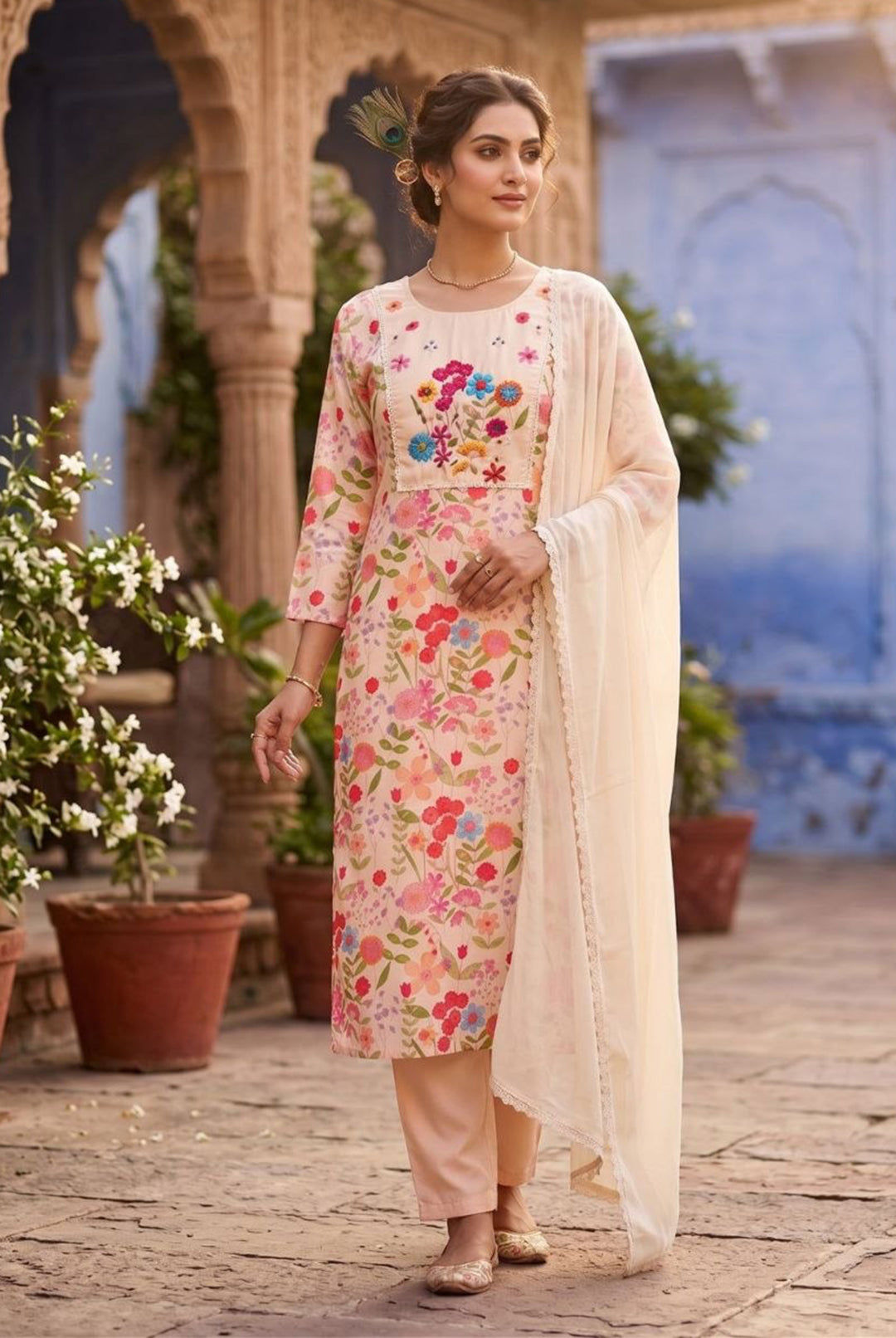 Premium Pure Linen Cotton Kurti Pant Dupatta Set with Digital Print & Hand Thread Work