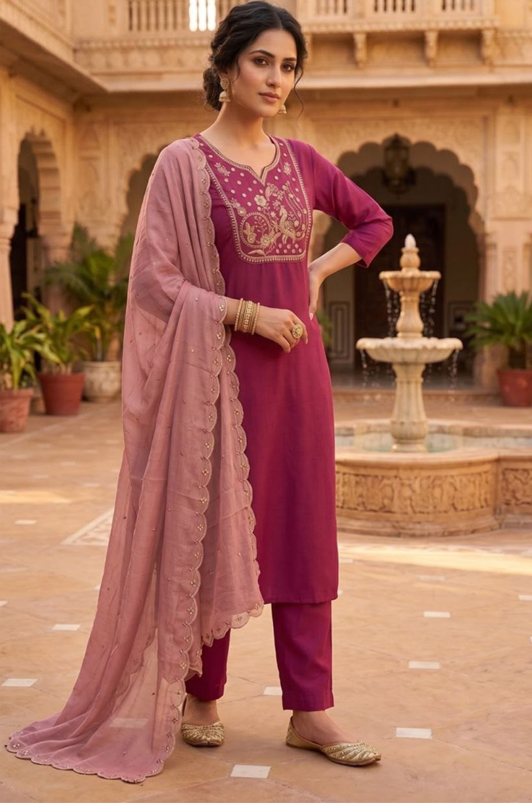 Premium Roman Silk Kurti Pant Dupatta Set with Beads, Moti & Cut Work Border