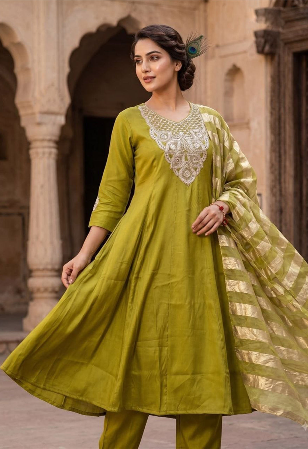 Premium Parrot Green Roman Silk Kurti Pant Set with Beads Embroidery & Organza Zari Dupatta