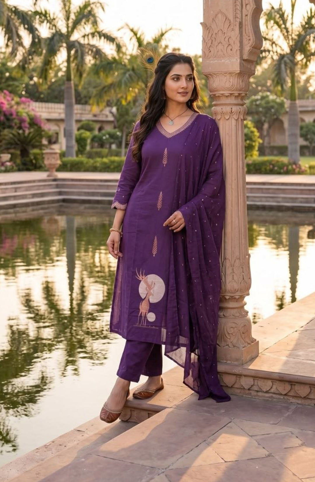 Premium Purple Pure Cotton Kurti Pant Set with Embroidered Mul Cotton Dupatta