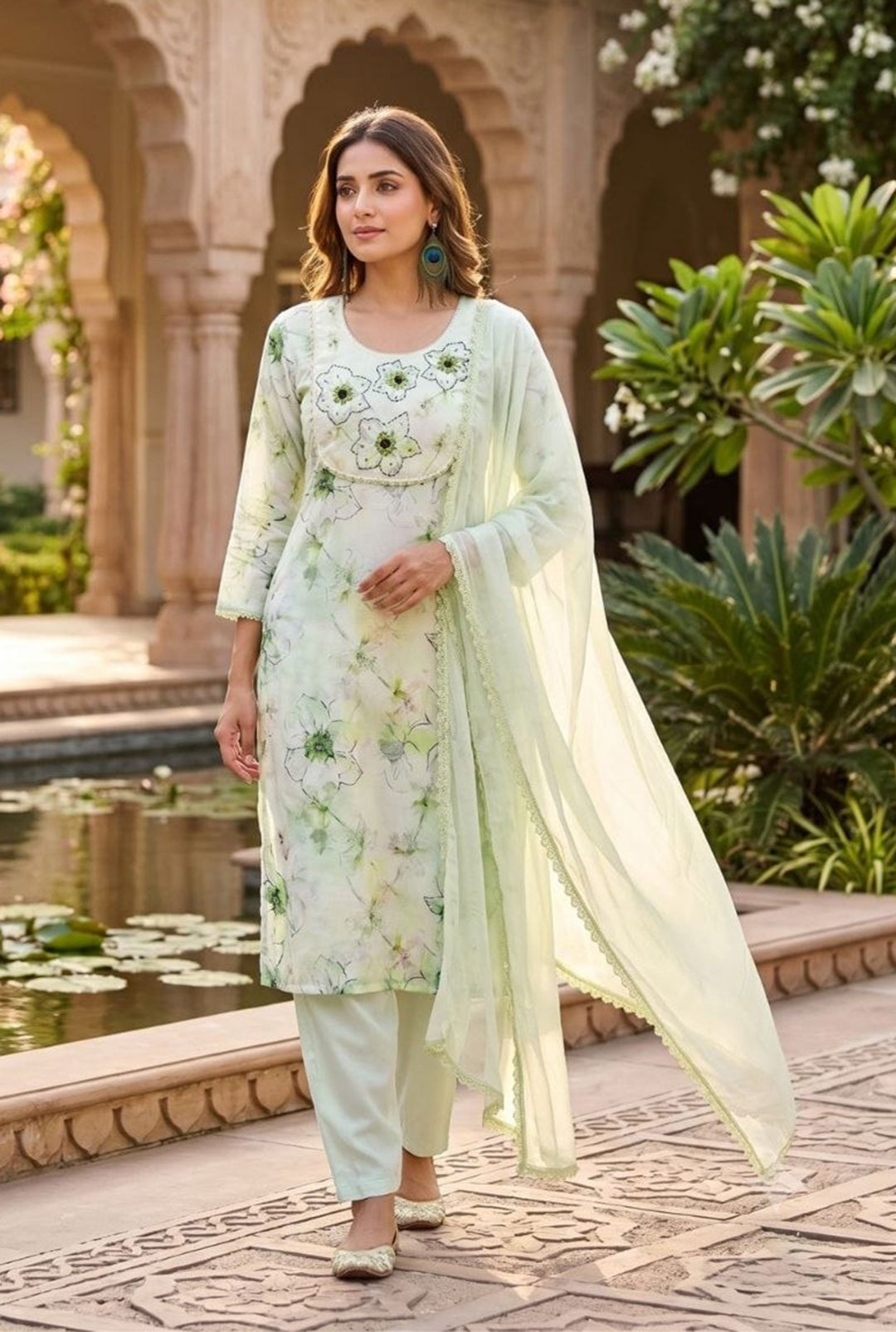 Premium Pista Linen Cotton Floral Printed Kurti Pant Set with Nazmin Dupatta